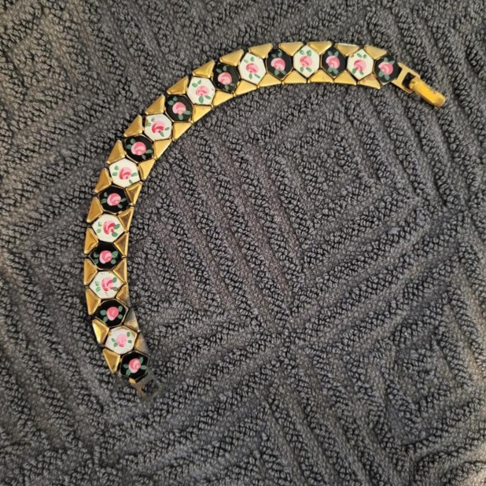 Mid Century  Hand painted roses brass and enamel bracelet.